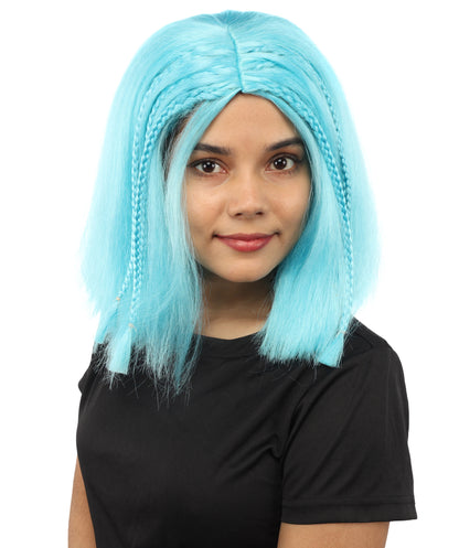 HPO Celebrity-Style 11 Inch Green Rooted Blonde Front Braided Straight Wig | Shoulder-Length Fun, Bold, and Stylish Hairpiece  | Ideal for Halloween, Cosplay, and Themed Parties