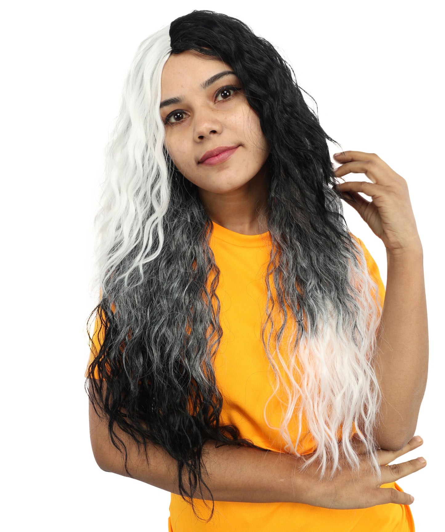 HPO Women’s Long Black and White Gothic Wig – 26 Inch Extra Long Wavy Two-Tone Hairpiece | Ideal for Halloween, Costume Parties & Themed Events