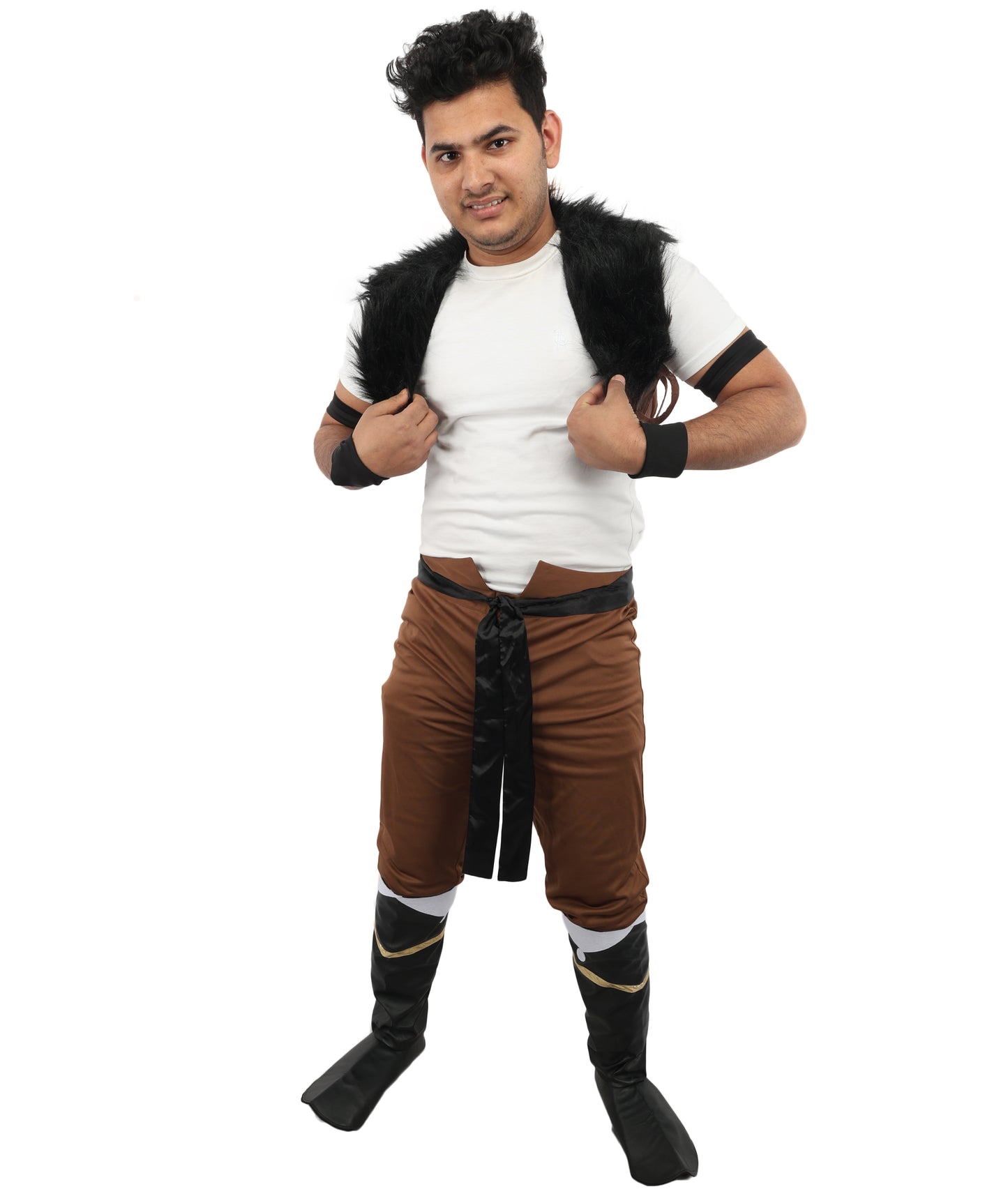 HPO Men's Anime Beast Fighter Suit | Brown and black fur ronior jersey construction featuring a curi, dress, belt, and leg socks | Ideal for party, Halloween, cosplay, theater, drag, performance, costume events