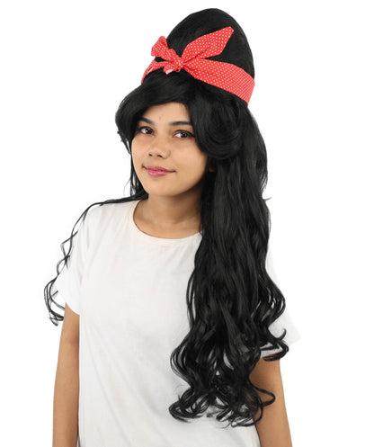 HPO Women’s Retro Beehive Wig with Red Bow | Multicolor Options | Extra Long Wavy Fancy Dress Accessory | Fancy Dress Accessory | Celebrity-Inspired Hair for Halloween, Cosplay & Music Tribute Parties