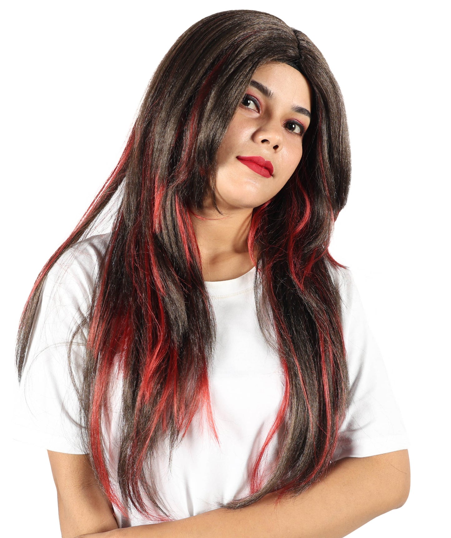 HPO Women's Edgy Celebrity Roleplay Red & Brown Wig |Flame-resistant Fiber with a comfortable capless fit | Ideal for party, Halloween, cosplay, theater, drag, performance, costume events