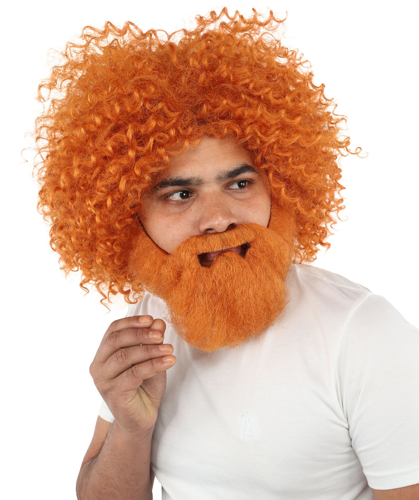HPO Men's Wild Caveman Orange Wig Beard & Mustache Set | Massive Frizzy Orange Afro and Full Beard Set with Messy Texture | Prehistoric Costume, Viking Cosplay, Halloween, and Funny Party Props