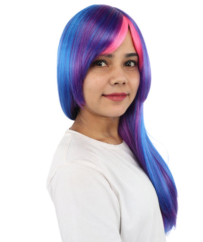 HPO Women's Twilight Sparkle Style Wig | Long Dark Purple Hair with Hot Pink Bangs and Highlights | My Little Pony Equestria Girls Costume