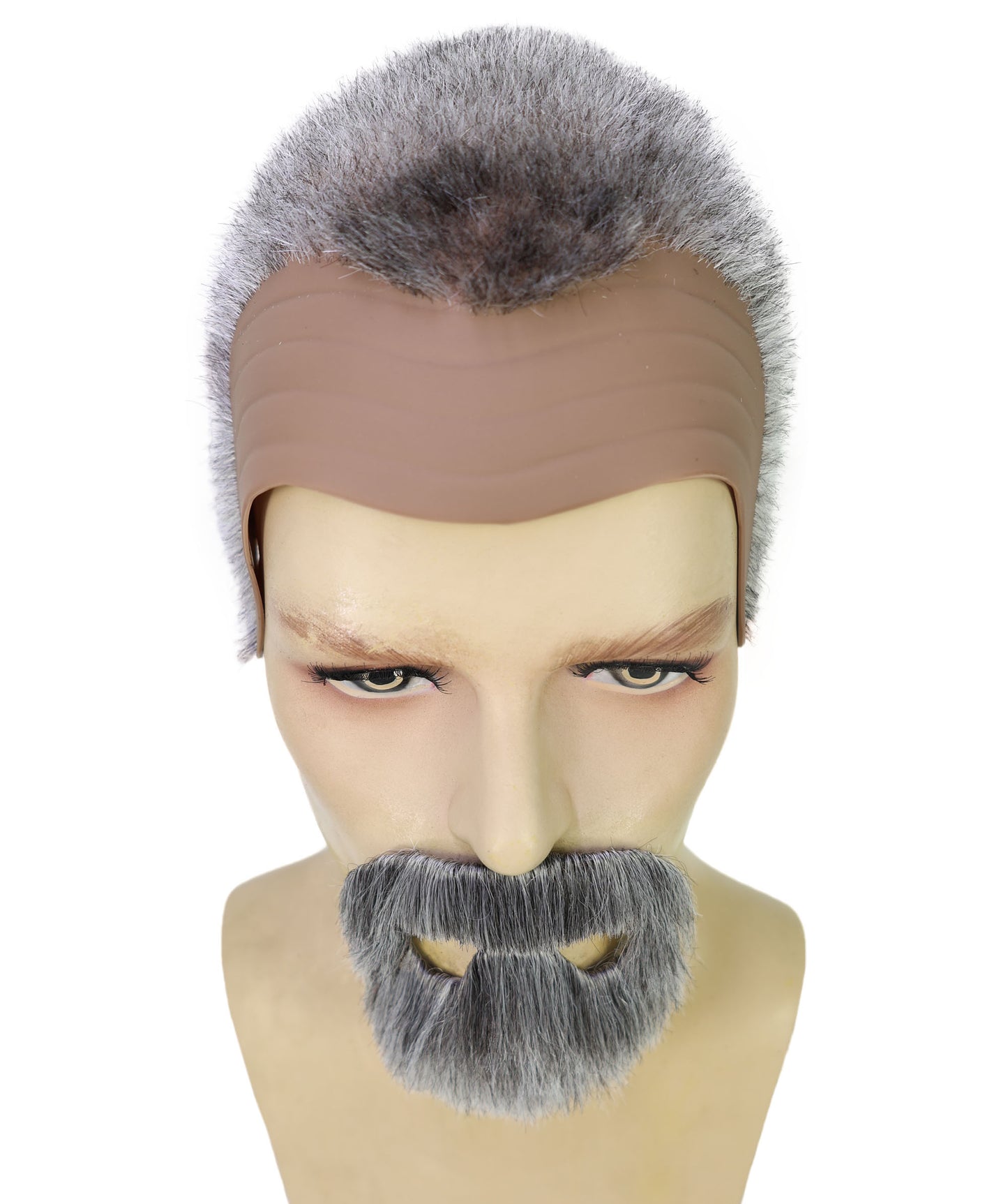 HPO Men’s Roman Emperor Macrinus White and Brown Wig and Mustache & Beard Set | Short Curly Dark Historical Hairpiece | Synthetic Fiber, Breathable Cap for Theater, Halloween