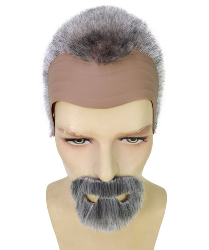 HPO Men’s Roman Emperor Macrinus White and Brown Wig and Mustache & Beard Set | Short Curly Dark Historical Hairpiece | Synthetic Fiber, Breathable Cap for Theater, Halloween