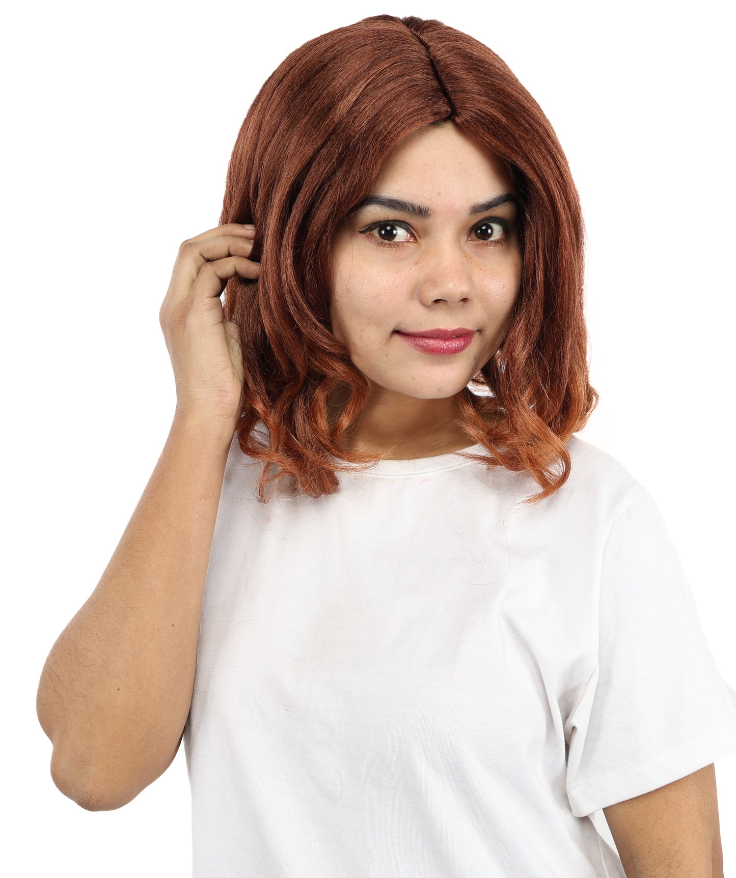 HPO Women’s Short Curly Copper Brown Wig – 13” Shoulder-Length Hairpiece with Side Part | Ideal Hairpiece for Theatre, Dress-Up, Cosplay & Character Roleplay