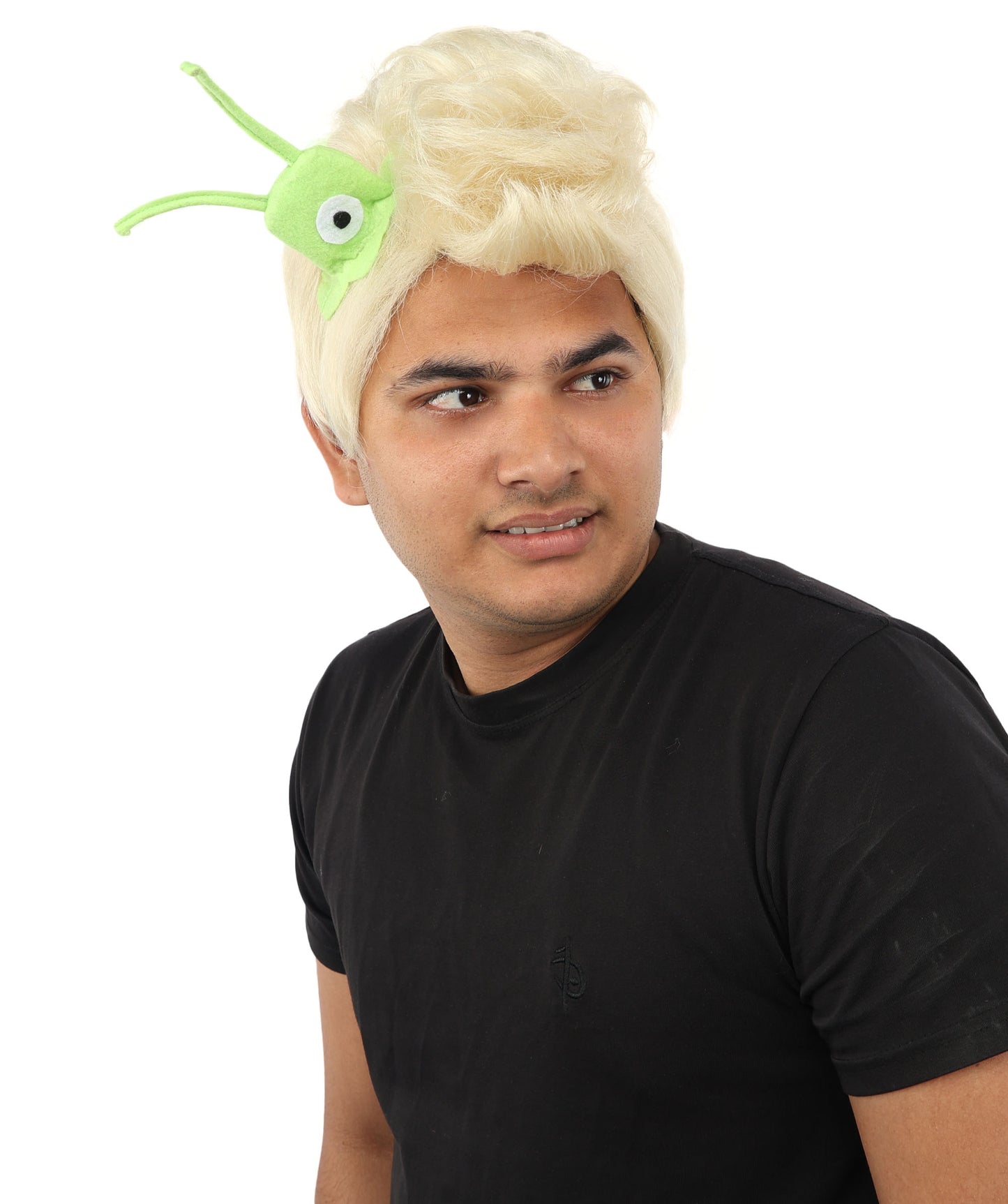 HPO Men's Brain Slug Orange Wig | Medium Spiked Synthetic Hair with Attached Green Alien Plush and Messy Texture | Sci-Fi Cosplay, Halloween, Cartoon Theme Party, and Funny Costume Accessories