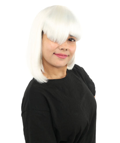 HPO Adult Women's Asymmetrical Bangs Bob Wig | Multiple Color Options | Create of synthetic fiber, sleek straight volume, breathable capless base | Party, Halloween, theater, drag, performance, costume events