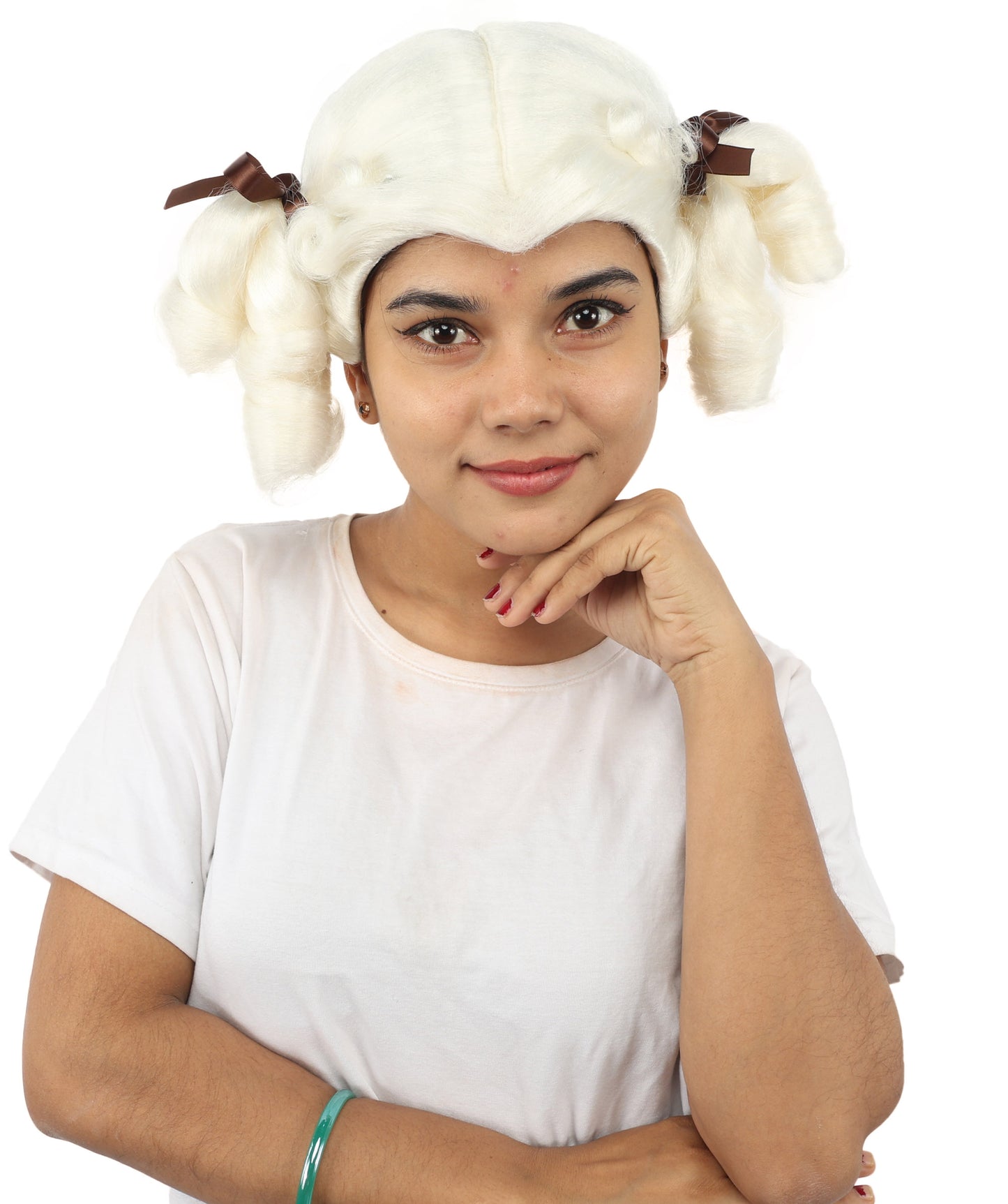 HPO Women's Golden White Mixed Curly Pigtail Wig | Messy Ringlet Twin Tails with Attached Fabric Ribbons, Synthetic Fiber & Breathable Cap | Halloween, Movie Character Roleplay, Costume Party & Theater
