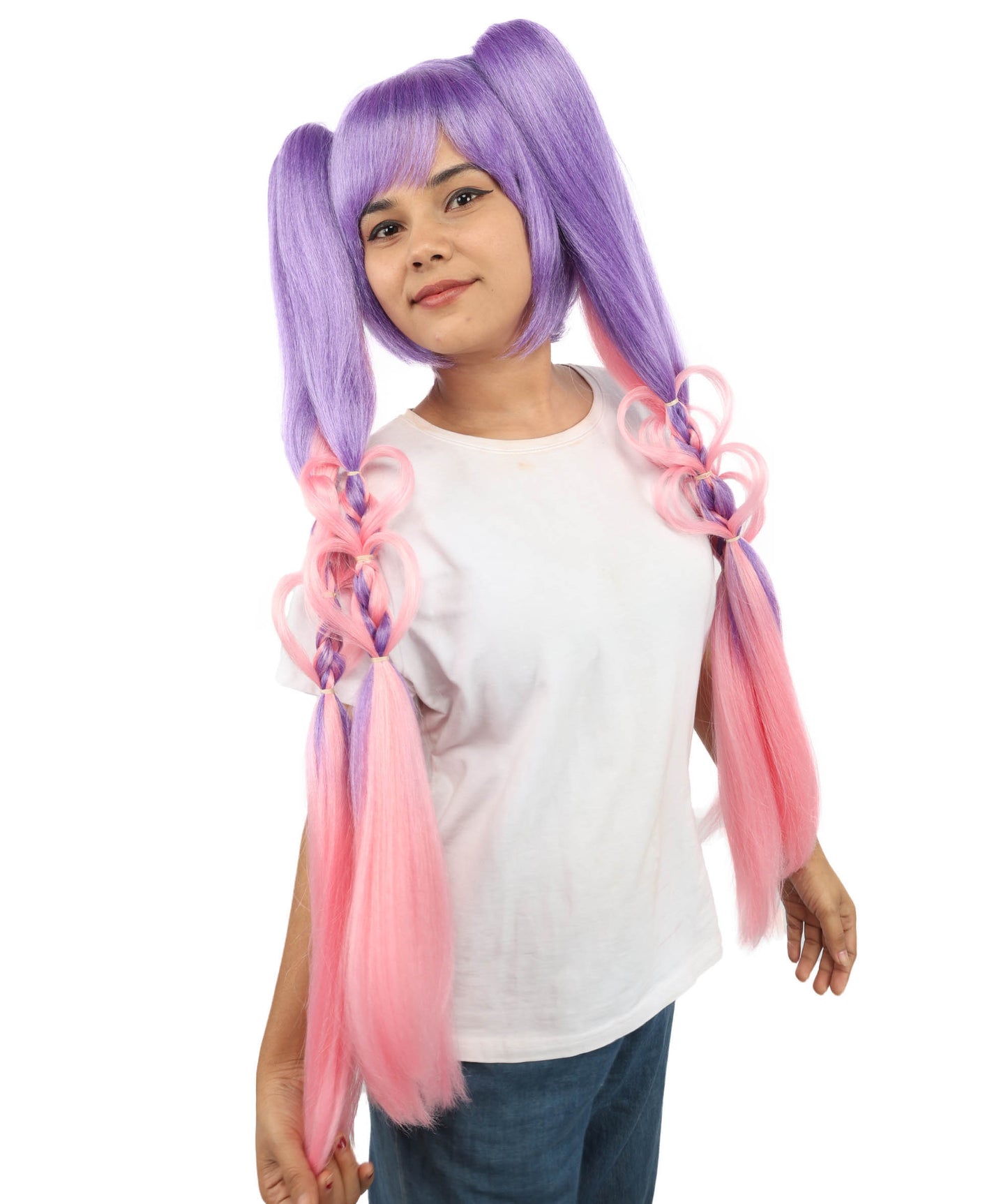 HPO Women's Heart Pigtail Character Wig | Dual-tone purple and pink, create of synthetic fiber, long structured pigtails with heart-shaped loops, breathable base | Party, Halloween, theater, drag, performance, costume events