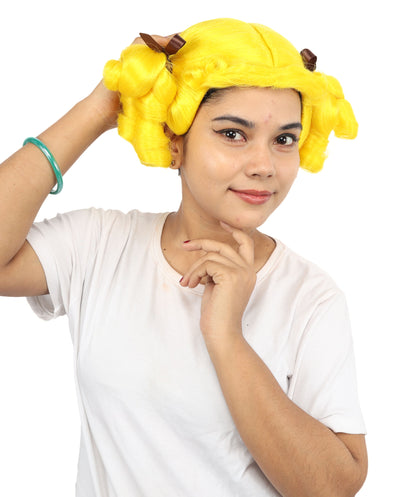 HPO Women's Golden White Mixed Curly Pigtail Wig | Messy Ringlet Twin Tails with Attached Fabric Ribbons, Synthetic Fiber & Breathable Cap | Halloween, Movie Character Roleplay, Costume Party & Theater