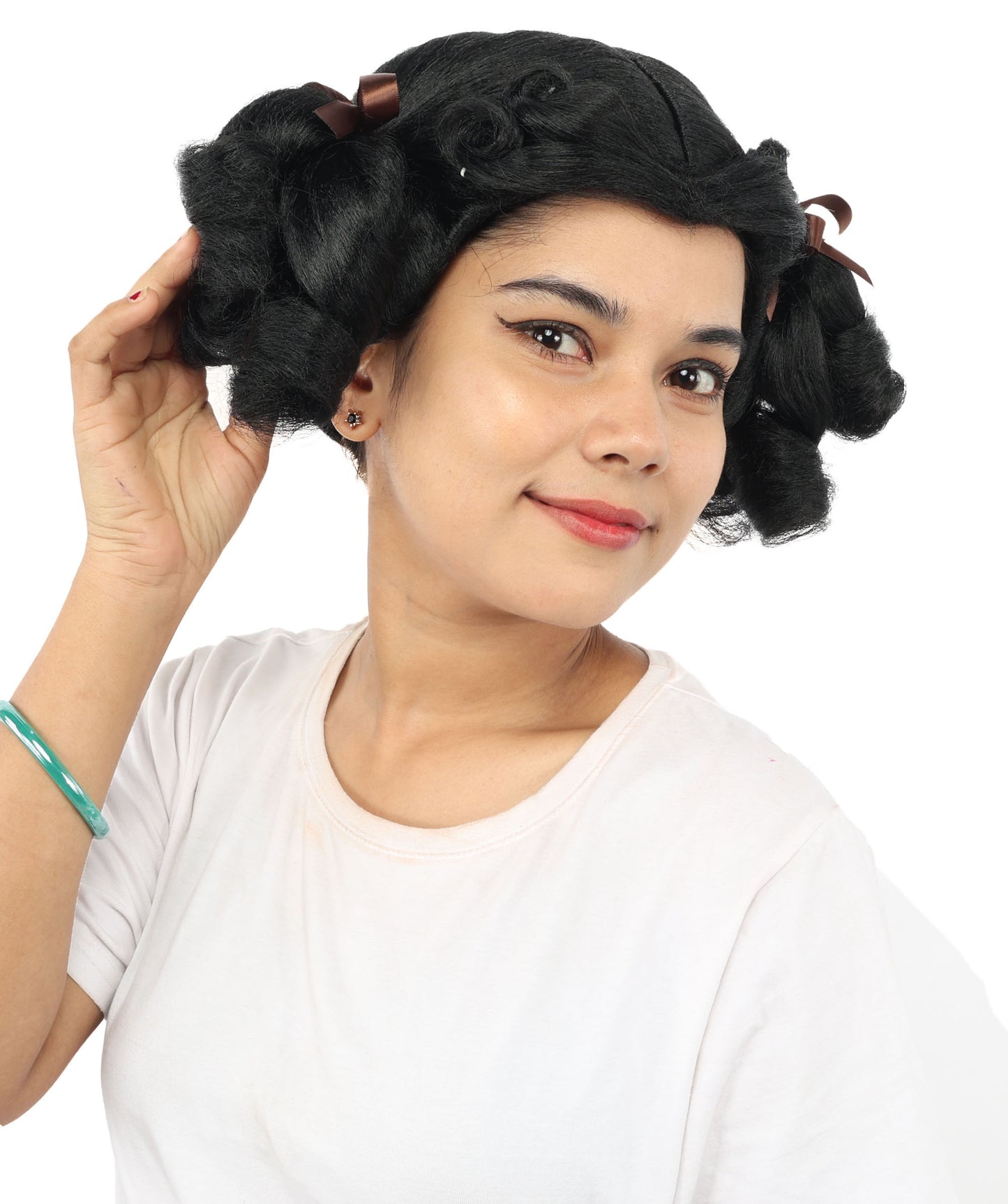 HPO Women's Golden White Mixed Curly Pigtail Wig | Messy Ringlet Twin Tails with Attached Fabric Ribbons, Synthetic Fiber & Breathable Cap | Halloween, Movie Character Roleplay, Costume Party & Theater