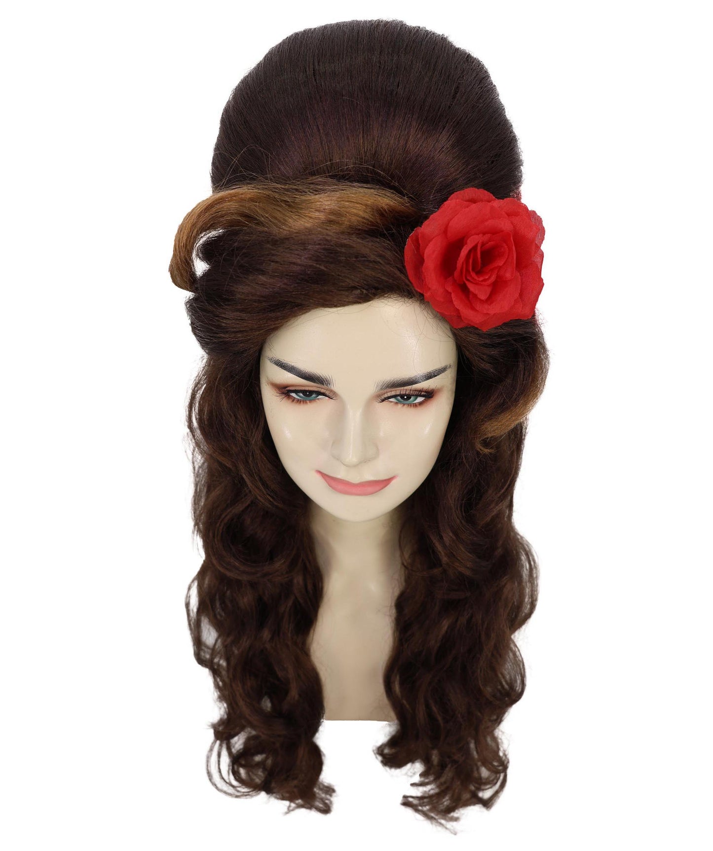 HPO Adult Womens Retro Brown Beehive Wig with Red Flower | 80s Vintage Glam Long Curly Hairpiece for Costume & Parties | Ideal for Halloween | Breathable Capless Cap