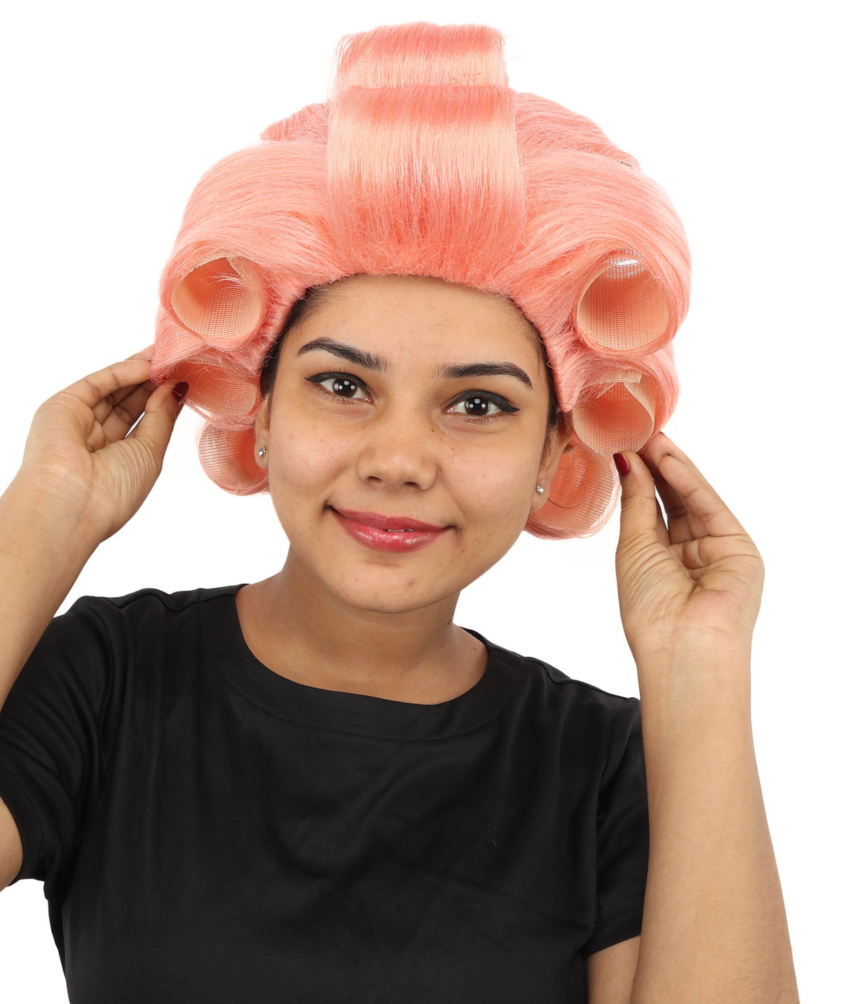 HPO Adult Women's Retro Roller Set Pink Wig | Multiple Color Options, create of synthetic fiber, large cylindrical curler texture, capless cap | Party, Halloween, theater, drag, performance, costume events