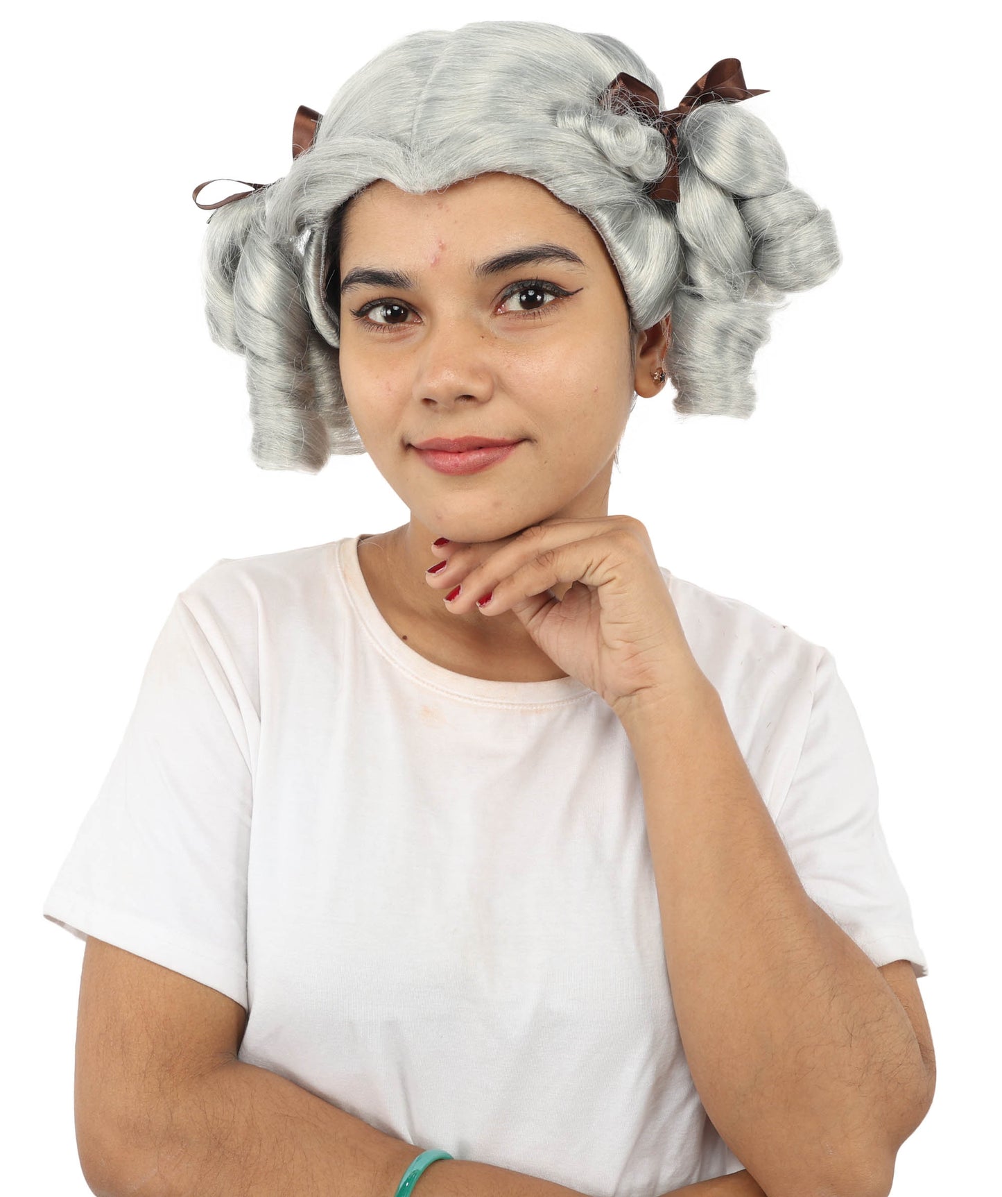 HPO Women's Golden White Mixed Curly Pigtail Wig | Messy Ringlet Twin Tails with Attached Fabric Ribbons, Synthetic Fiber & Breathable Cap | Halloween, Movie Character Roleplay, Costume Party & Theater