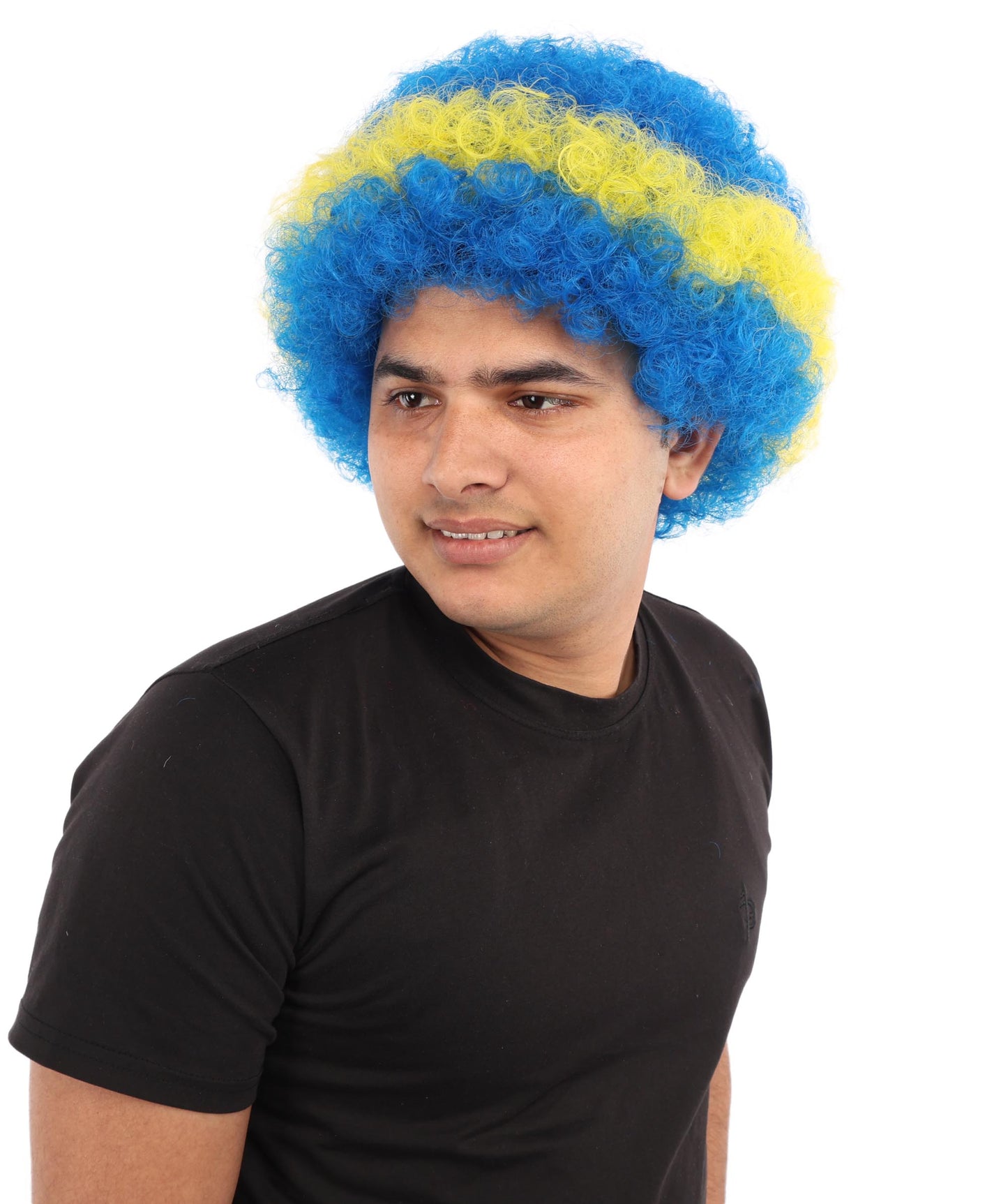 HPO Curacao Flag Afro Wig | 11 Inch Blue Yellow Stripe White Stars Design | Sports Event National Holiday Parade Soccer Match Fan Gear