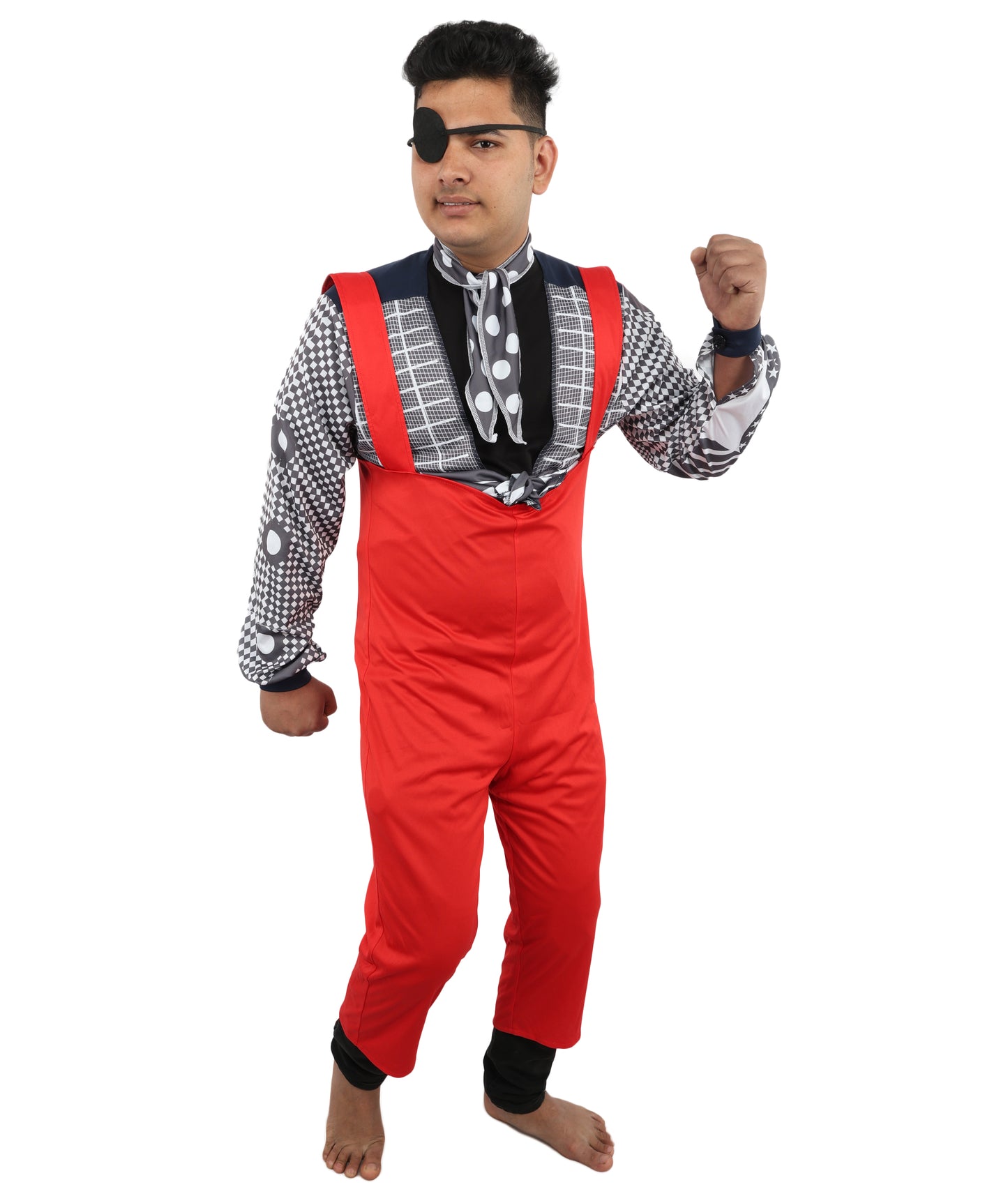HPO Men's Retro Glam Rock Multicolor Costume | Red Overalls and Starry Shirt with Scarf and Eyepatch | Ideal for Halloween, Theater, Drag, and 70s Music Events