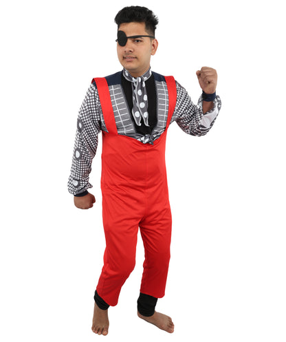HPO Men's Retro Glam Rock Multicolor Costume | Red Overalls and Starry Shirt with Scarf and Eyepatch | Ideal for Halloween, Theater, Drag, and 70s Music Events