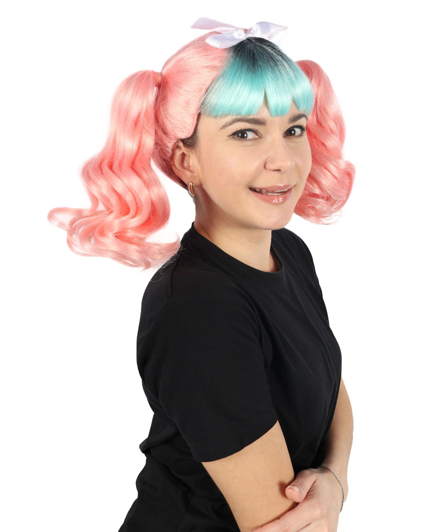 HPO Women's American Singer Pink & Mint Green Double Ponytail Wig | Halloween and Cosplay Wig | Flame-retardant Synthetic Fiber