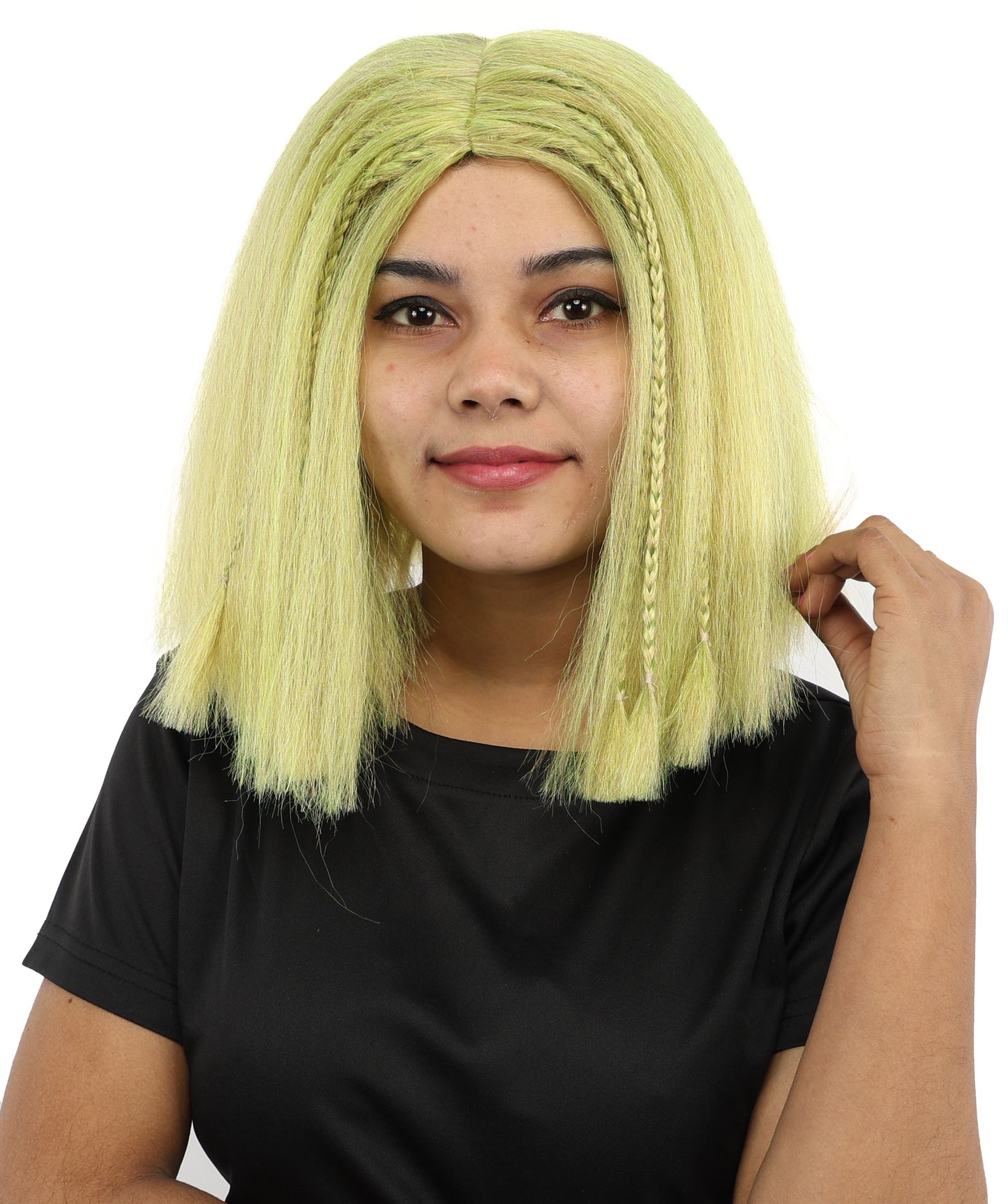 HPO Celebrity-Style 11 Inch Green Rooted Blonde Front Braided Straight Wig | Shoulder-Length Fun, Bold, and Stylish Hairpiece  | Ideal for Halloween, Cosplay, and Themed Parties