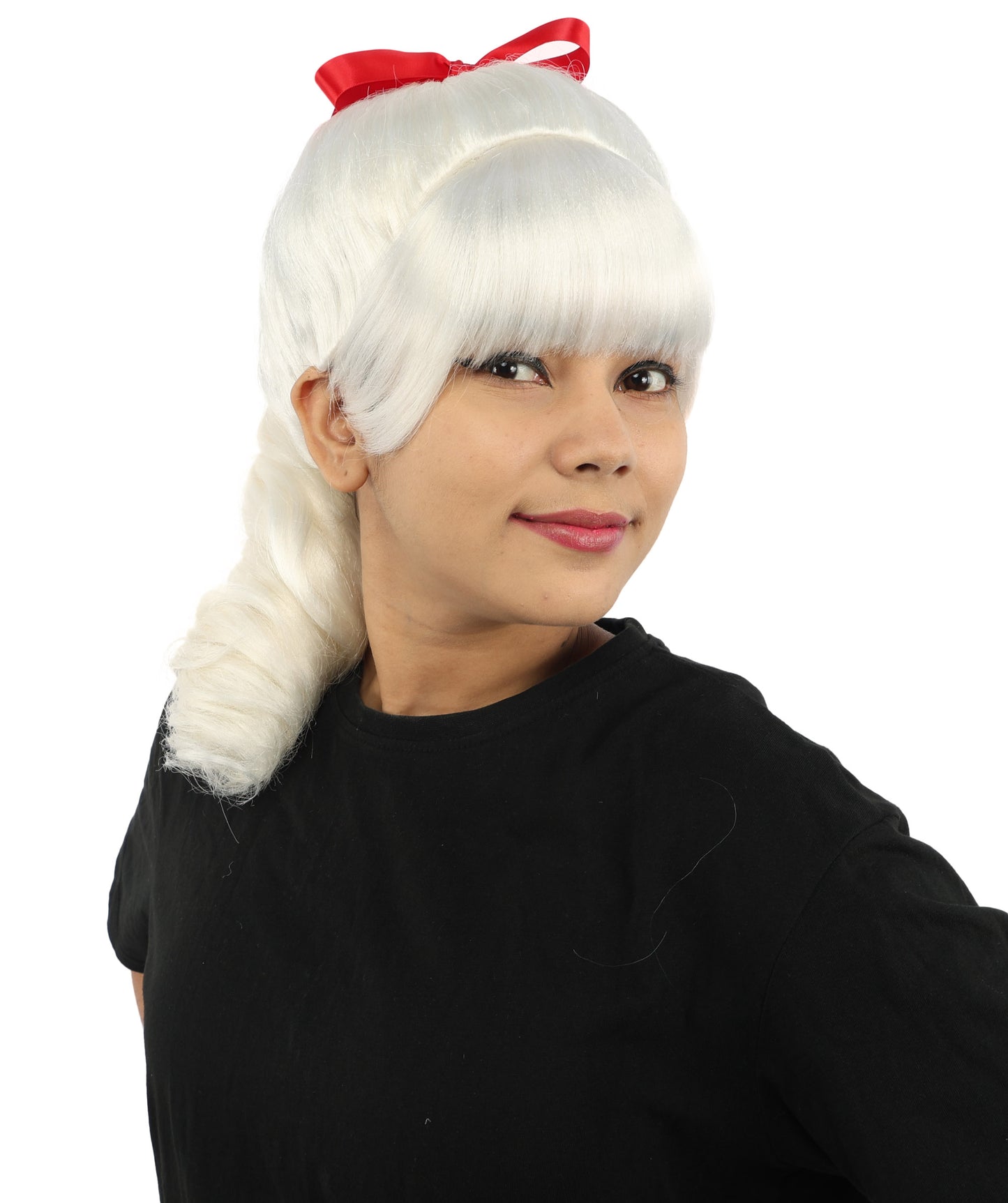 HPO Women's Spiral Ponytail Wig | Multicolor Options | High Updo with Red Ribbon Bow & Bangs, Heat Friendly Synthetic Fiber & Breathable Cap | Halloween, Christmas Event, Themed Party, Theater & Roleplay