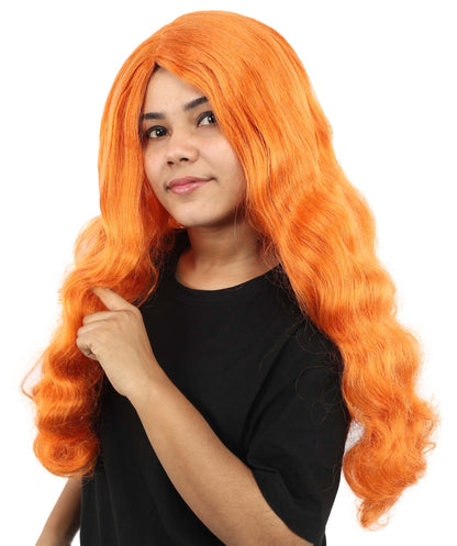HPO Women's Long Orange Wavy Wig | Center Parted Ginger Curls with Voluminous Ends, Heat Resistant Synthetic Fiber & Breathable Cap | Halloween, Teen Roleplay, Theater, Themed Party & Costume Events