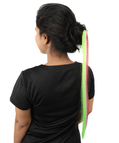 HPO Women's Clip-in Hair Extension | Sleek straight green, white and red synthetic fibers featuring a secure snap attachment | Ideal for party, Halloween, cosplay, theater, drag, performance, costume events