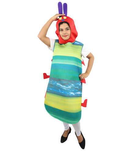 Colorful Caterpillar Costume | Adult Multicolor Striped Bodysuit with Antenna Hood | Playful Insect Outfit for Halloween, Cosplay & Parties