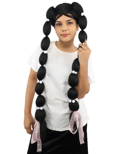 Adult Women's Celebrity-Inspired Black Triple Braid Wig | Extra Long Braided Hairpiece with Clips & Ribbons | Ideal for Styled Looks, Halloween and Cosplay