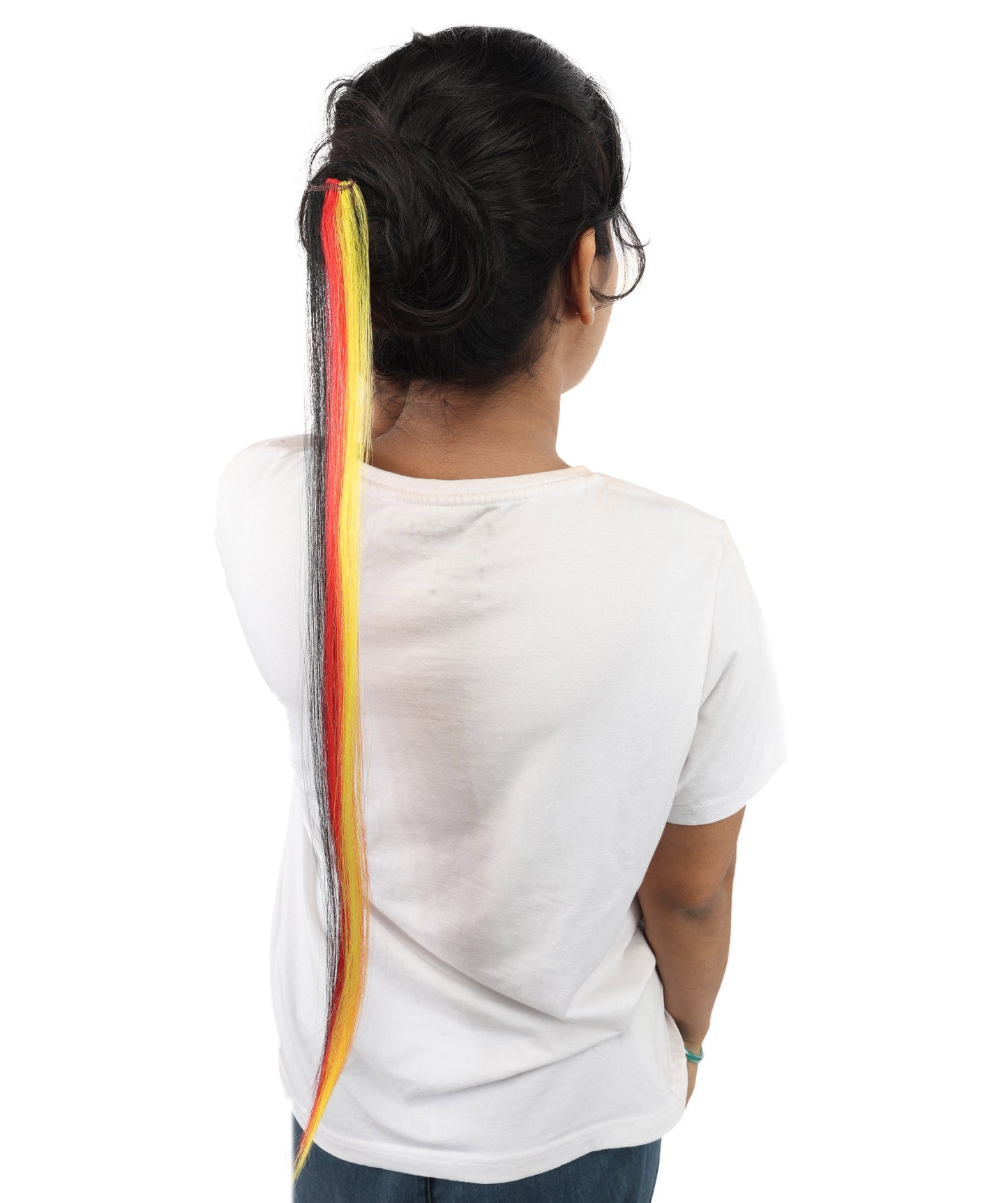 HPO Women's German Clip-in Hair Extension | Sleek straight red, black and yellow synthetic fibers featuring a secure snap attachment | Ideal for party, Halloween, cosplay, theater, drag, performance, costume events