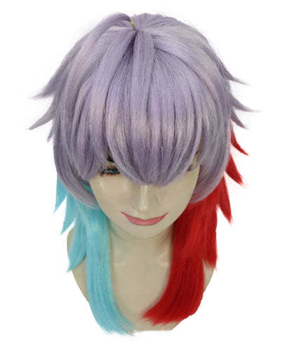 HPO Adult Women’s Anime-Inspired Gradient Cosplay Wig | Two-Tone Red & Blue Ombre Tips with Layered Silver Base | Ideal for Halloween and Cosplay