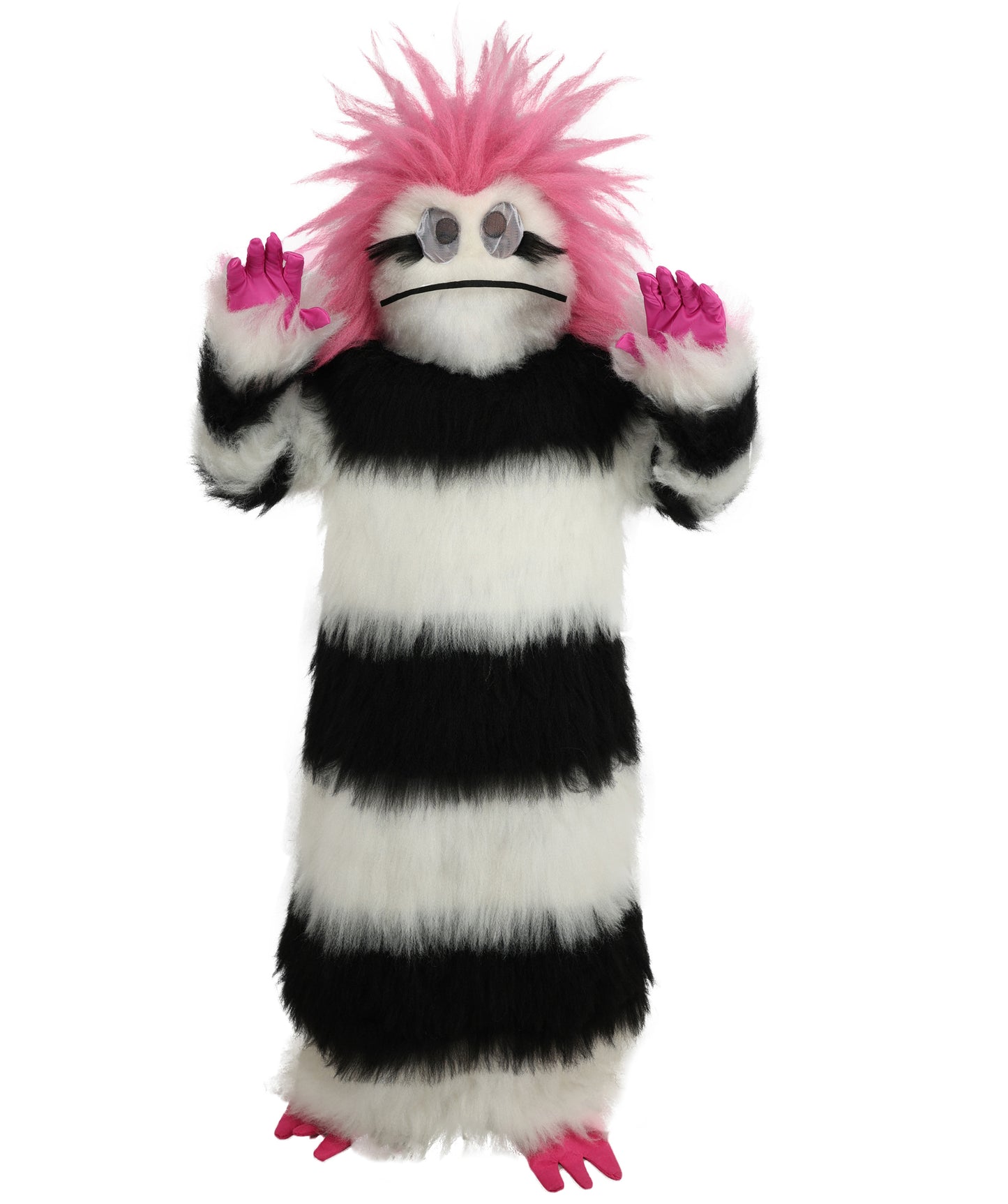 HPO Unisex Spiky Monster Headwear Costume Bundle & Mask Set | Pink spiked top with black and white striped body voluminous flame-retardant synthetic fiber mask construction | Party, Halloween, cosplay, theater, drag, performance, costume events