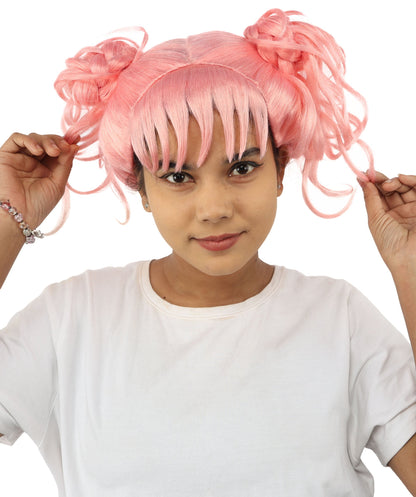 HPO Adult Women’s Messy Twin Bun Wig with Graphic Bangs | Multiple Color Options | Edgy Wig for Cosplay, Fashion Events, Halloween & Stage Wear | Adjustable Cap, Lightweight Synthetic Fiber