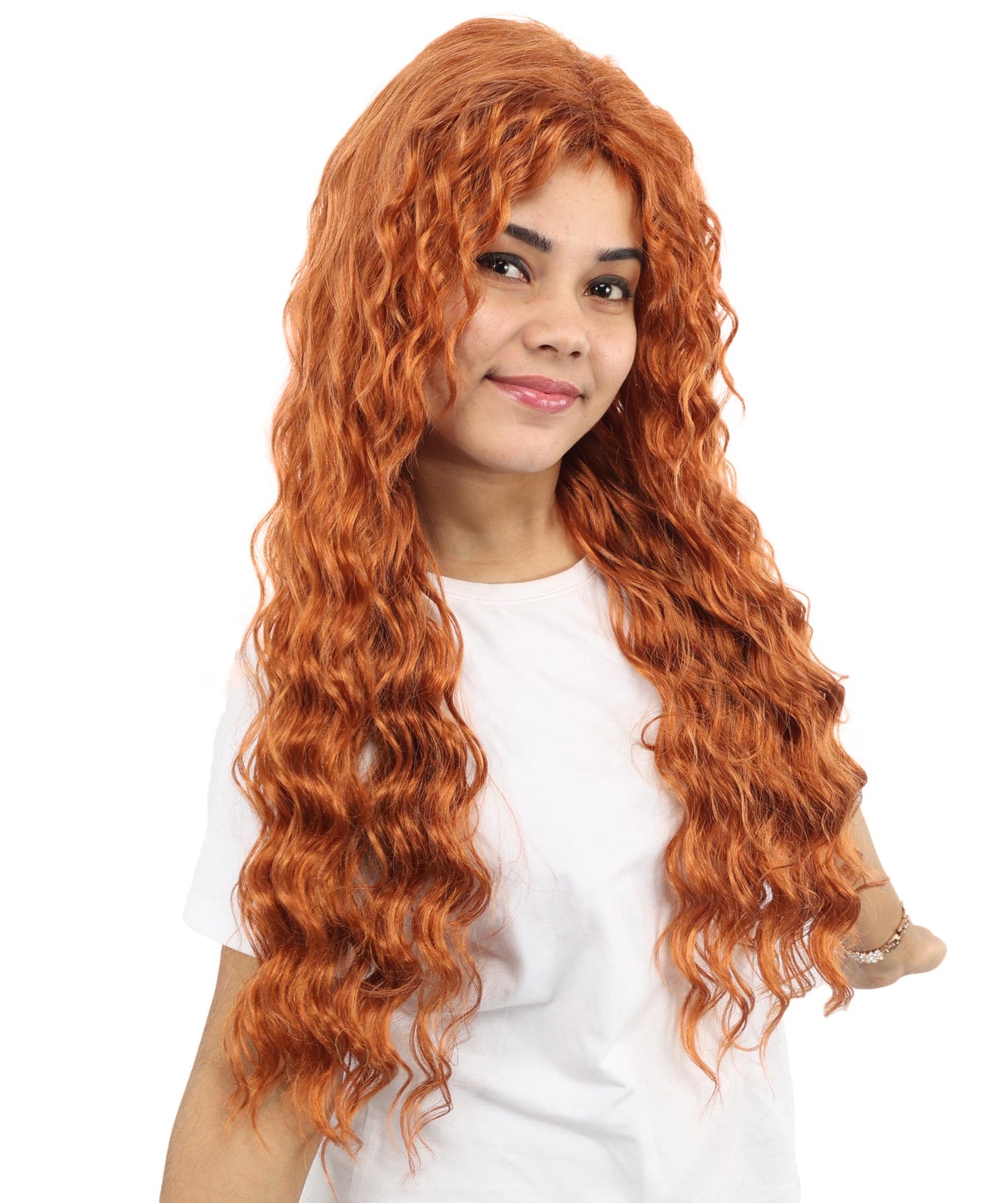 HPO Women's Long Deep Wave Wig | 28 Inch Copper Red Crimped Texture Synthetic Fiber | Party Halloween Cosplay Theater Drag Performance Costume Events