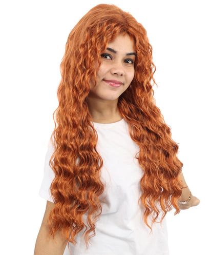 HPO Women's Long Deep Wave Wig | 28 Inch Copper Red Crimped Texture Synthetic Fiber | Party Halloween Cosplay Theater Drag Performance Costume Events