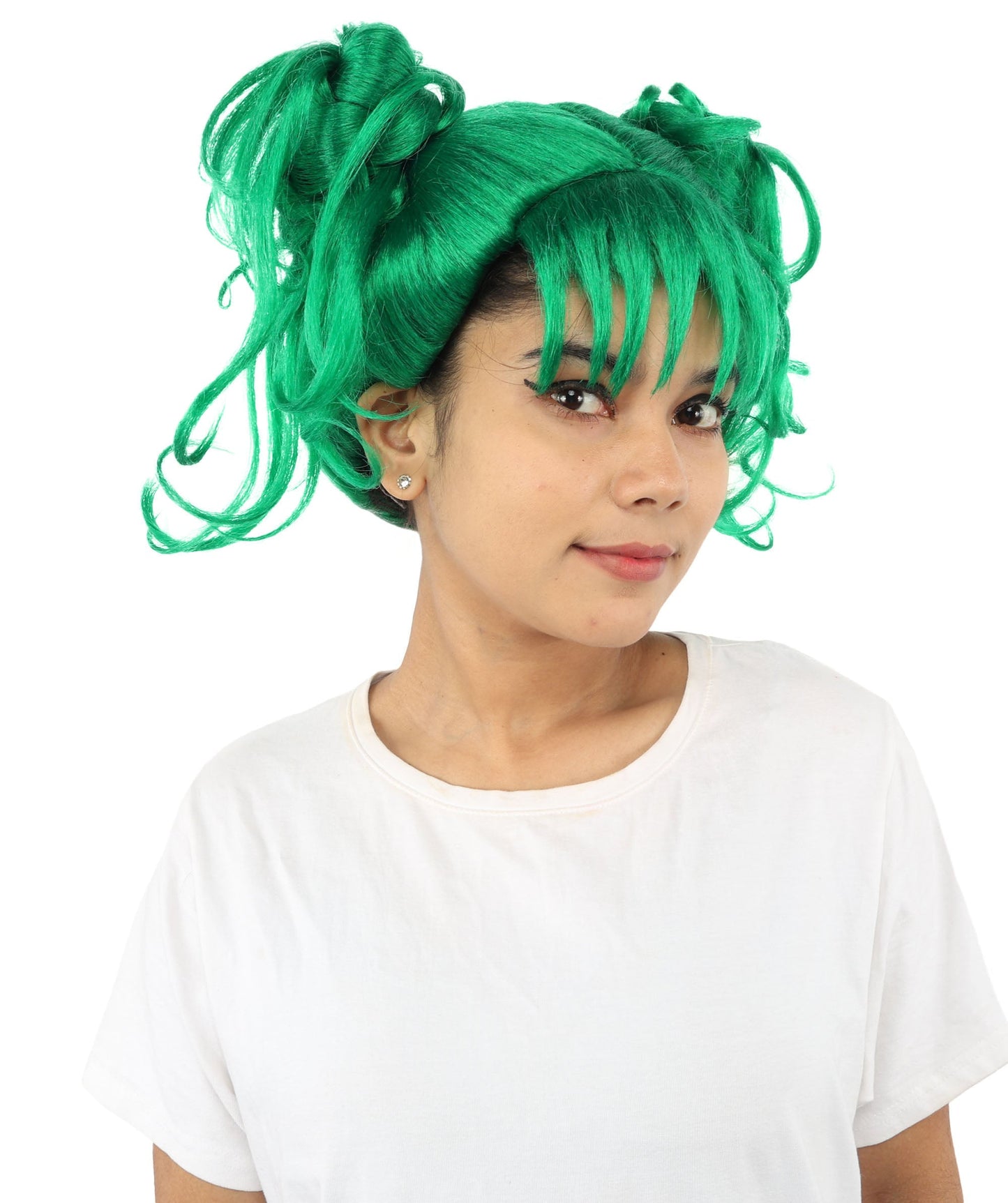 HPO Adult Women’s Messy Twin Bun Wig with Graphic Bangs | Multiple Color Options | Edgy Wig for Cosplay, Fashion Events, Halloween & Stage Wear | Adjustable Cap, Lightweight Synthetic Fiber