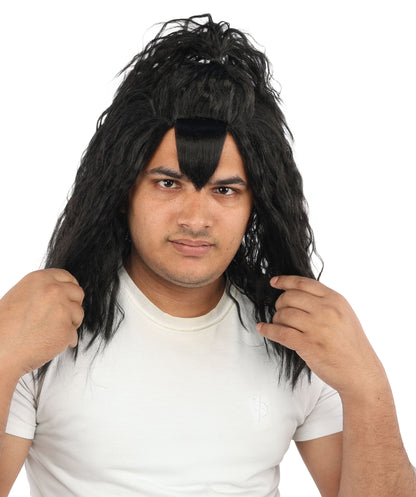 HPO Men's Heavy Metal Rockstar Black Wig | Dark wavy synthetic fibers with massive crimped volume and capless construction | Essential for theater performance drag Halloween costume events and party