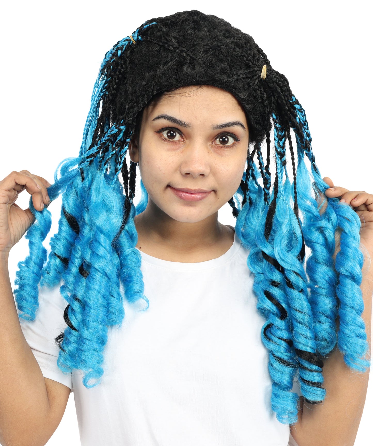 HPO Women’s Long Ombre Blue & Black Braided Wig | Gradient Synthetic Braids for Cosplay & Halloween | Lightweight Capless Cap Design