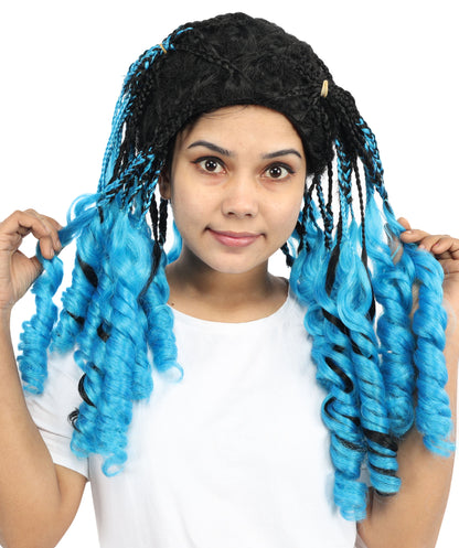 HPO Women’s Long Ombre Blue & Black Braided Wig | Gradient Synthetic Braids for Cosplay & Halloween | Lightweight Capless Cap Design