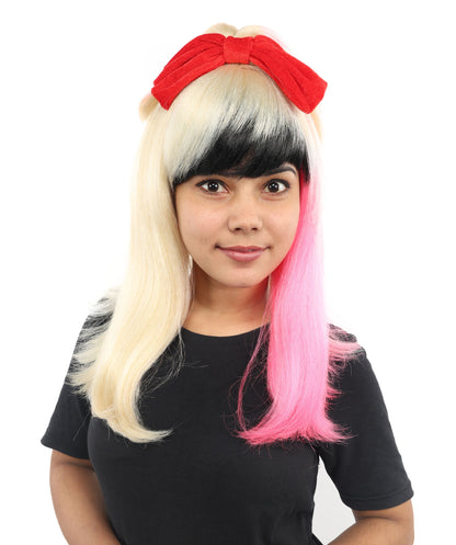 HPO Women’s Black & Blonde Medium-Length Straight Wig with Pink Tips | Flame-retardant Synthetic Fiber | Lightweight Capless Design for Halloween and Cosplay