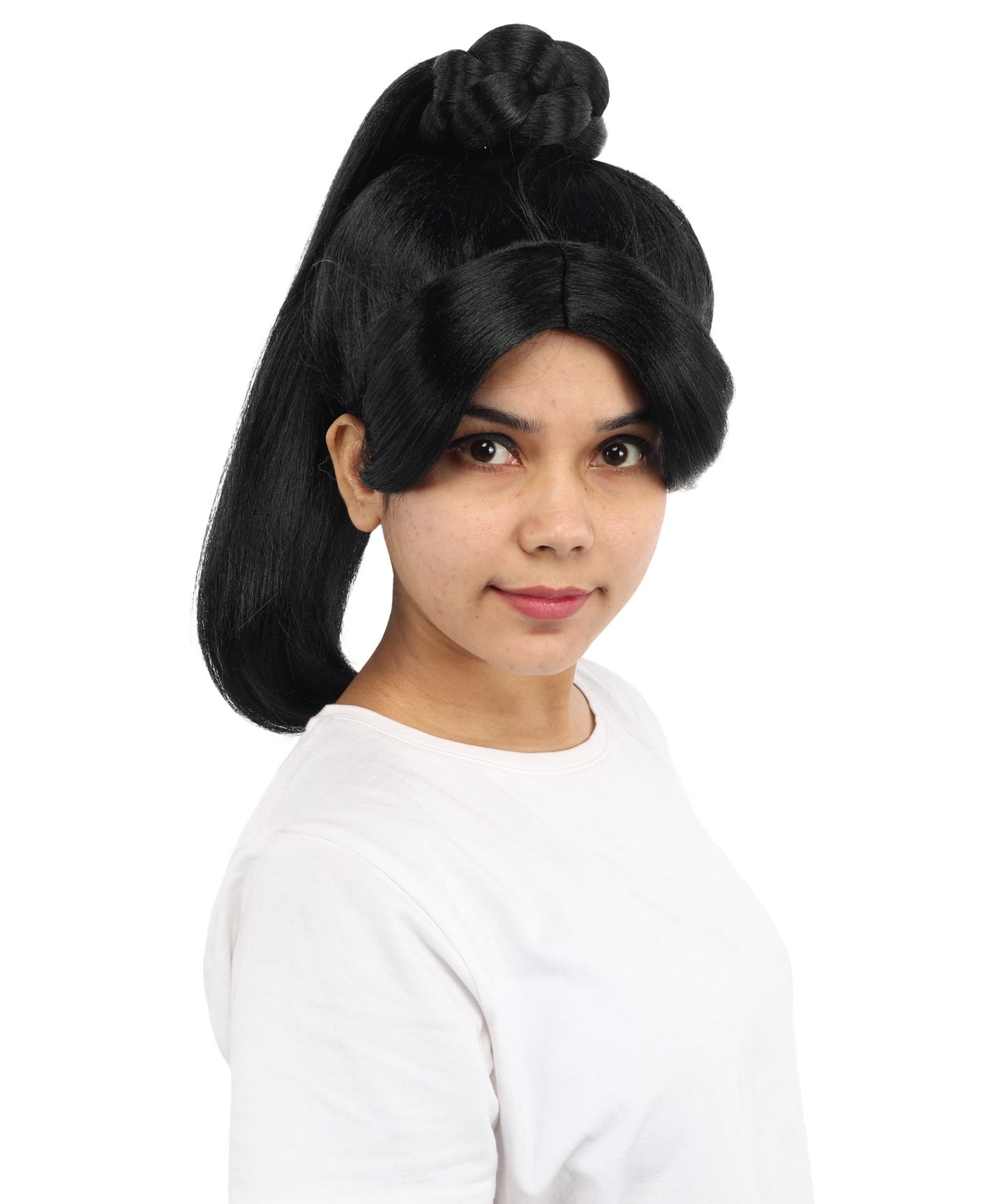 HPO Women's Warrior Bun Wig | Sleek Black Texture Intricate Top Knot 16 Inch Length | Party Halloween Cosplay Theater Drag Performance Costume Events