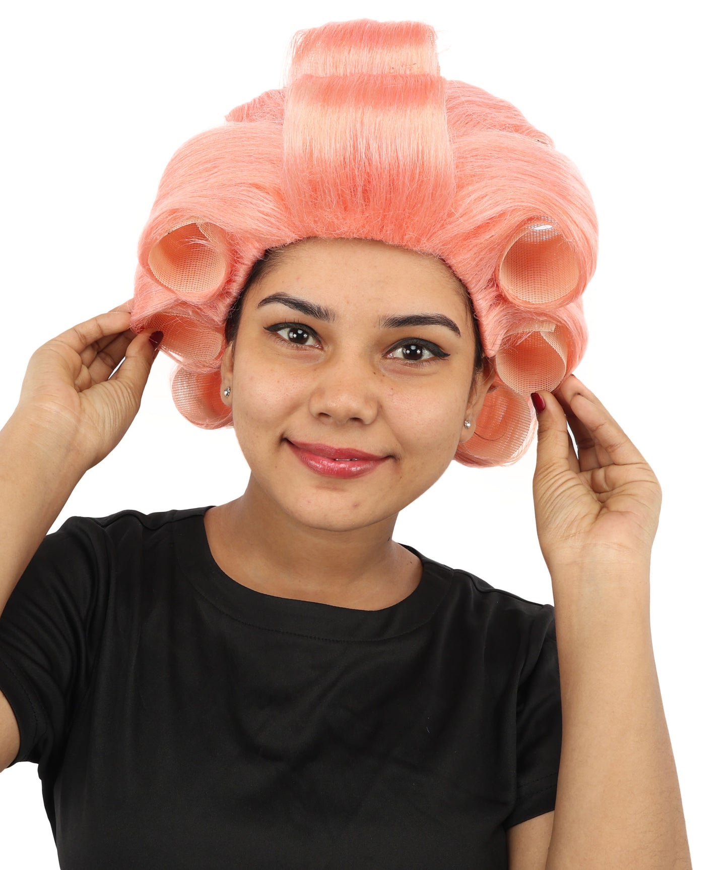 HPO Women's Retro Roller Set Pink Wig | Pastel peach tone, create of synthetic fiber, large cylindrical curler texture, capless cap | Party, Halloween, theater, drag, performance, costume events