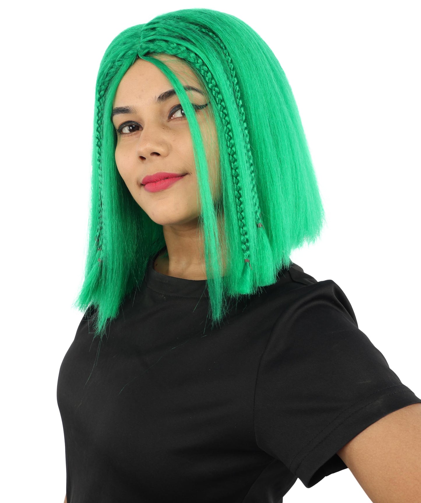 HPO Celebrity-Style 11 Inch Green Rooted Blonde Front Braided Straight Wig | Shoulder-Length Fun, Bold, and Stylish Hairpiece  | Ideal for Halloween, Cosplay, and Themed Parties