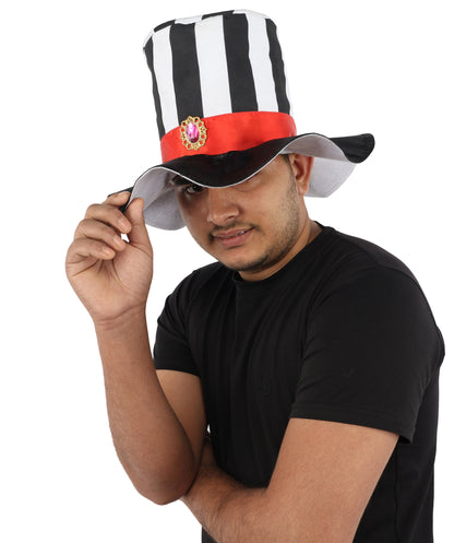 HPO Men's Striped Circus Mini Hat | Black and White Pattern with Red Ribbon and Gothic Cameo | Ideal for Halloween, Theater, Drag, and Carnival Performance Events