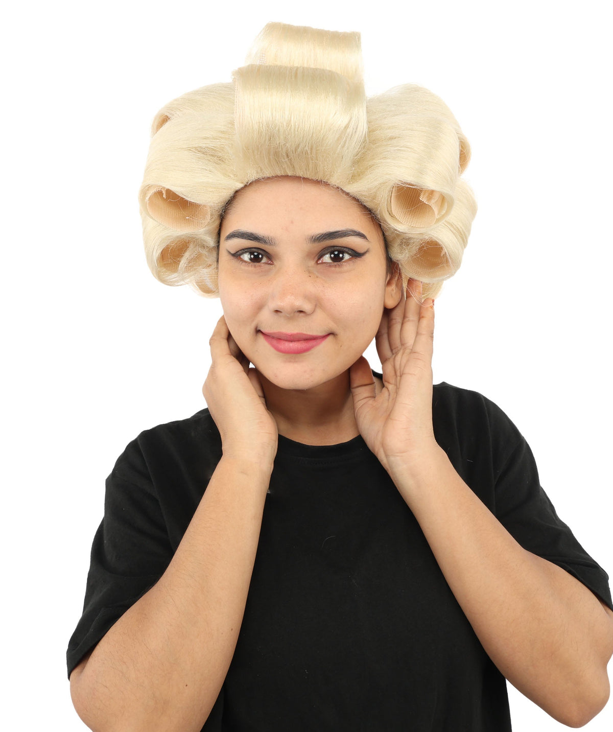 HPO Adult Women's Retro Roller Set Pink Wig | Multiple Color Options, create of synthetic fiber, large cylindrical curler texture, capless cap | Party, Halloween, theater, drag, performance, costume events