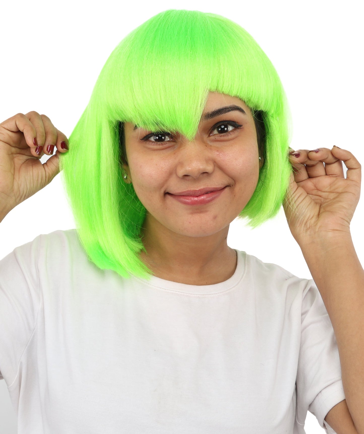 HPO Adult Women's Asymmetrical Bangs Bob Wig | Multiple Color Options | Create of synthetic fiber, sleek straight volume, breathable capless base | Party, Halloween, theater, drag, performance, costume events