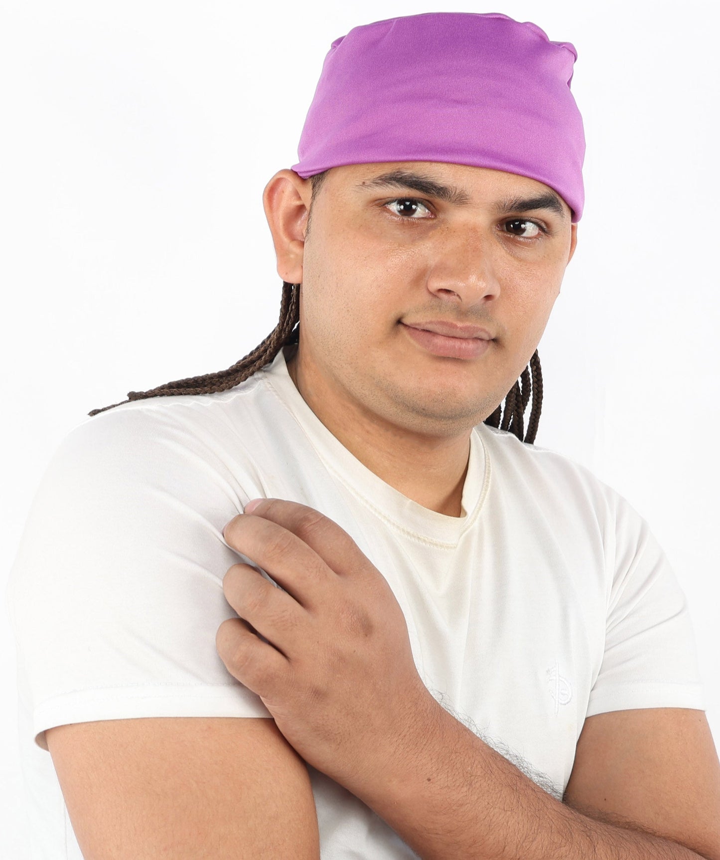 Men’s Movie Character Inspired Black Braided Wig with Purple Head Wrap Hat | Flame-retardant Synthetic Fiber | Ideal Hairpiece for Cosplay & Halloween