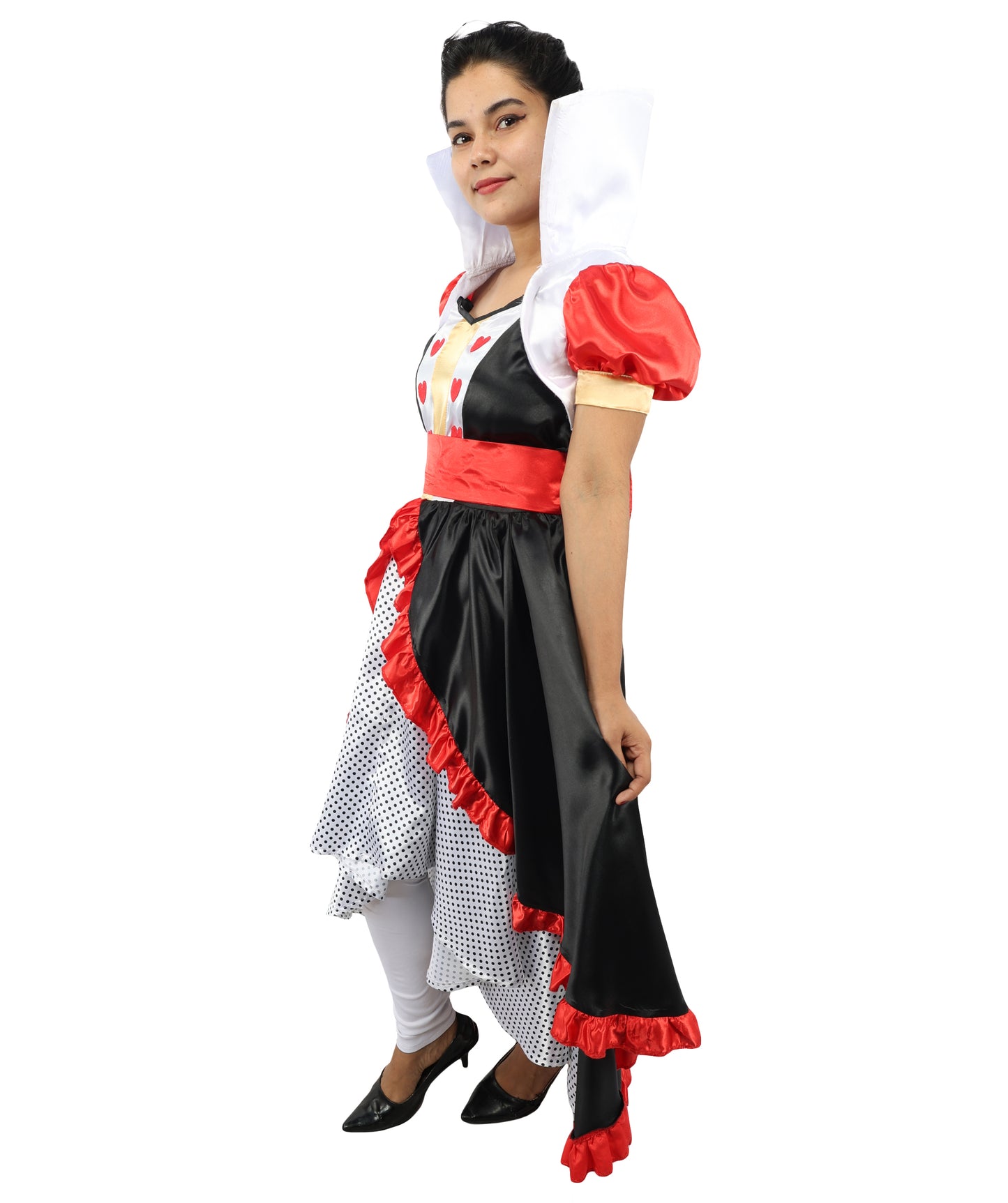 HPO Women’s Flirty Queen of Hearts Costume | Red, Black & White Dress with Crown Headband | Halloween, Cosplay, Stage Performances & Parties