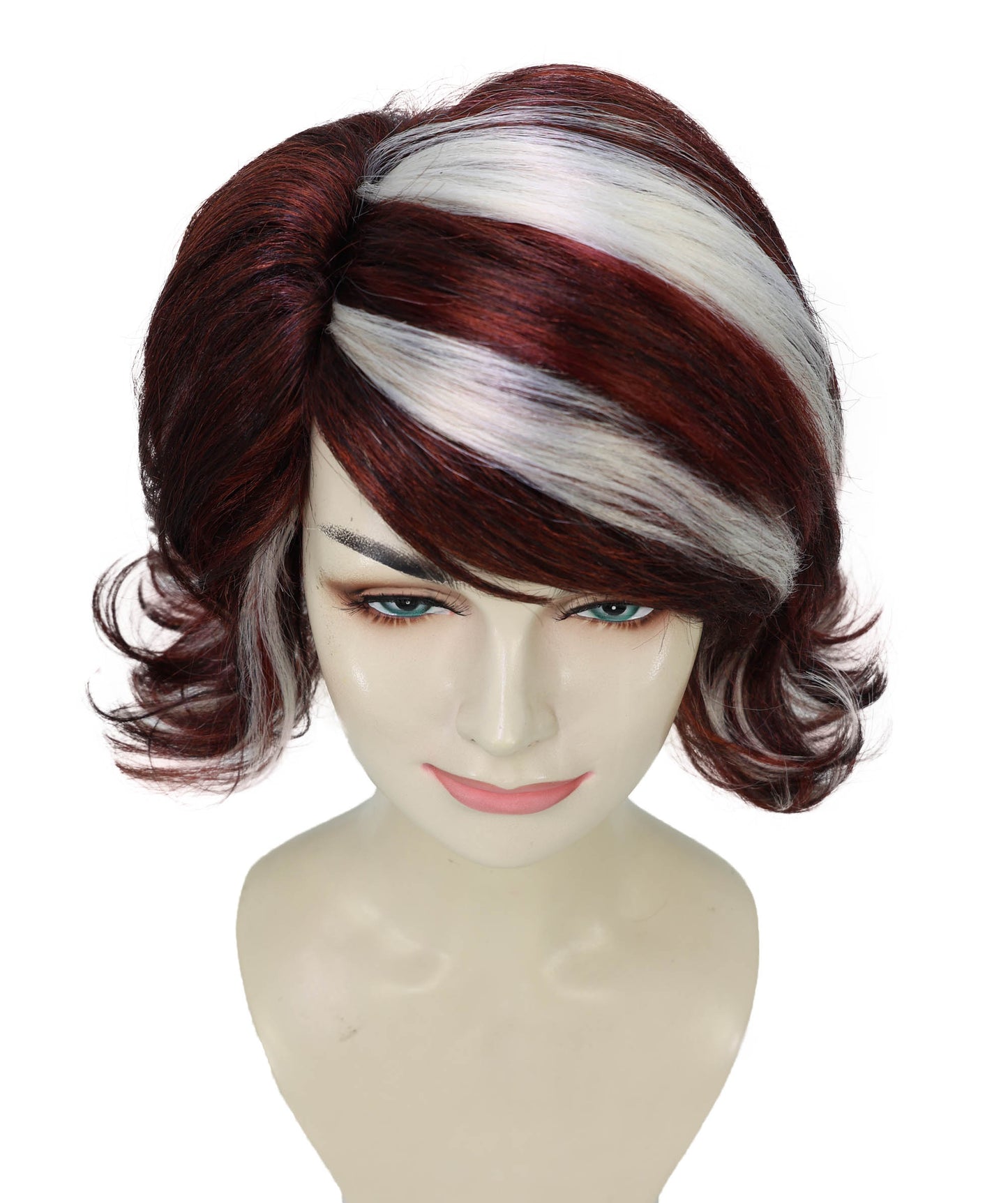 HPO Adult Women’s 90’s Inspired Burgundy & Mocha Short Layered Wig with Chic Highlights | Retro Glam Hairpiece | Ideal for Halloween | Breathable Capless Cap