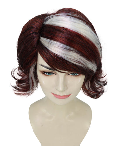 HPO Adult Women’s 90’s Inspired Burgundy & Mocha Short Layered Wig with Chic Highlights | Retro Glam Hairpiece | Ideal for Halloween | Breathable Capless Cap